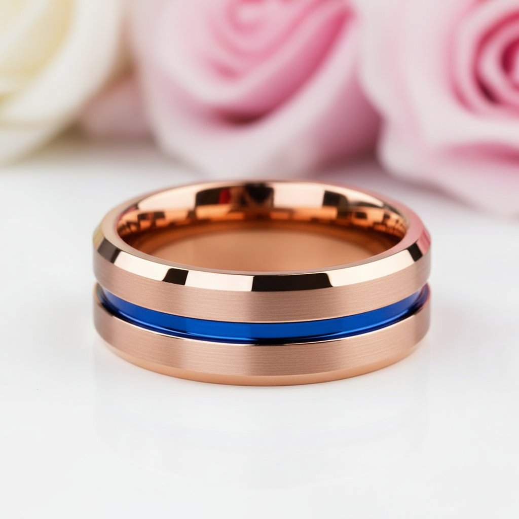 Men's Tungsten Carbide Wedding Band 8mm Rose Gold with Blue Line-Black Diamonds New York