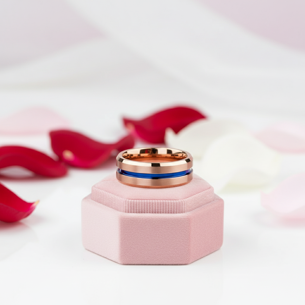 Men's Tungsten Carbide Wedding Band 8mm Rose Gold with Blue Line-Black Diamonds New York