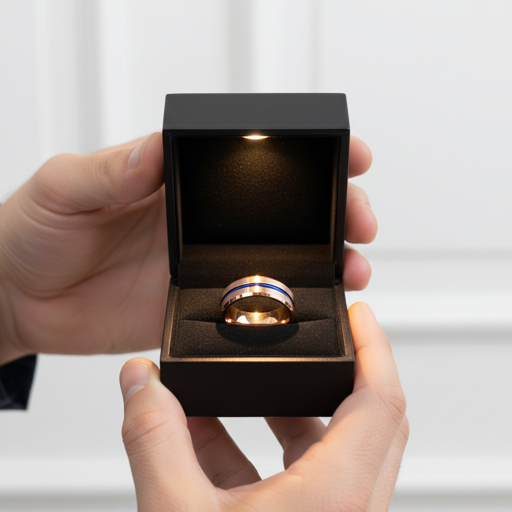 Men's Tungsten Carbide Wedding Band 8mm Rose Gold with Blue Line-Black Diamonds New York