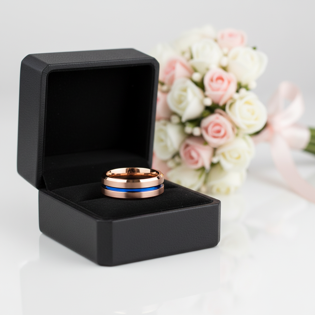 Men's Tungsten Carbide Wedding Band 8mm Rose Gold with Blue Line-Black Diamonds New York