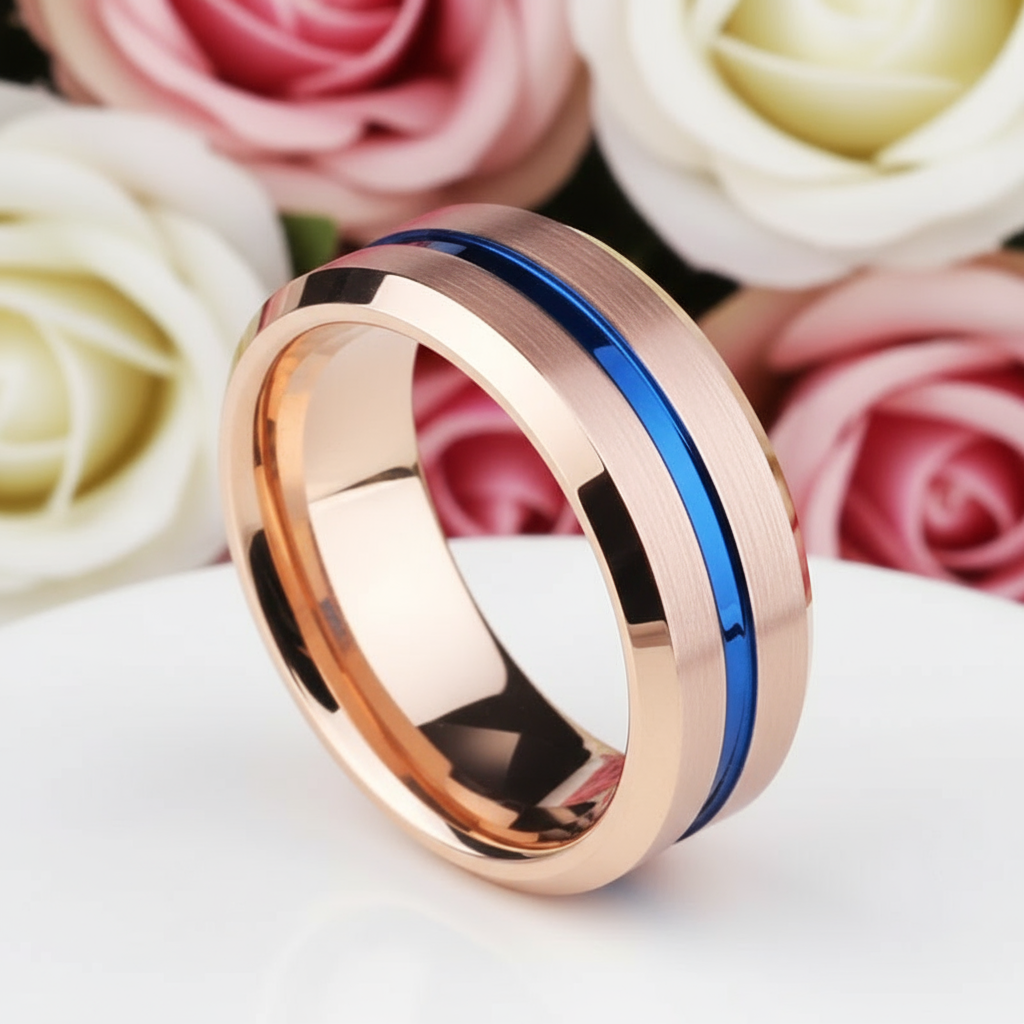 Men's Tungsten Carbide Wedding Band 8mm Rose Gold with Blue Line-Black Diamonds New York
