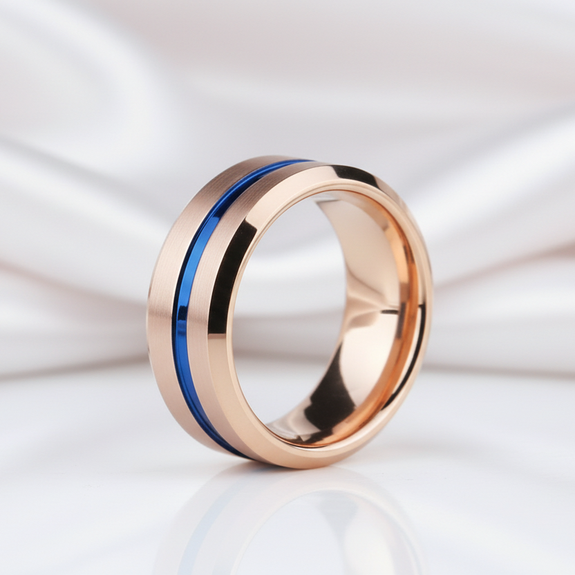 Men's Tungsten Carbide Wedding Band 8mm Rose Gold with Blue Line-Black Diamonds New York