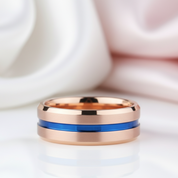 Men's Tungsten Carbide Wedding Band 8mm Rose Gold with Blue Line-Black Diamonds New York