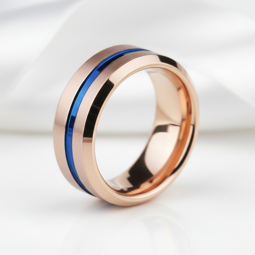 Men's Tungsten Carbide Wedding Band 8mm Rose Gold with Blue Line-Black Diamonds New York