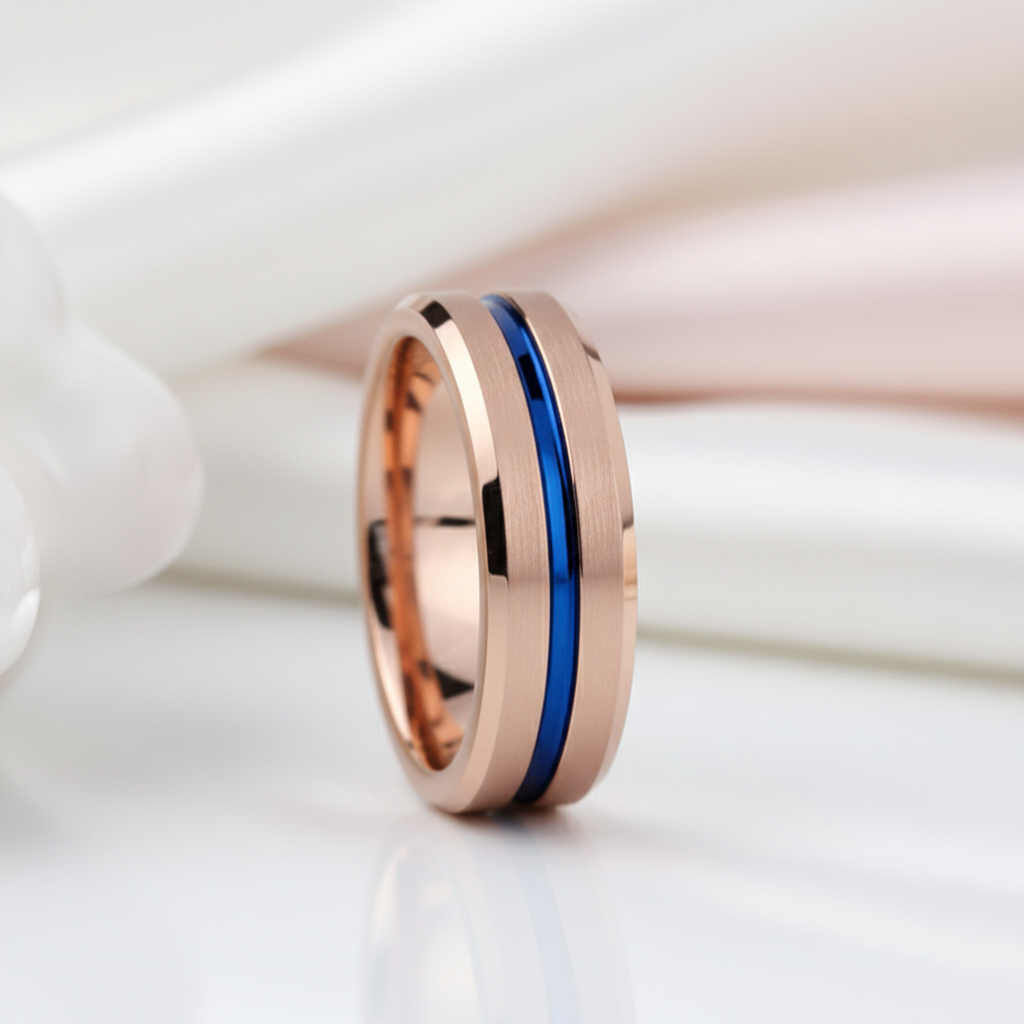 Men's Tungsten Carbide Wedding Band 8mm Rose Gold with Blue Line-Black Diamonds New York