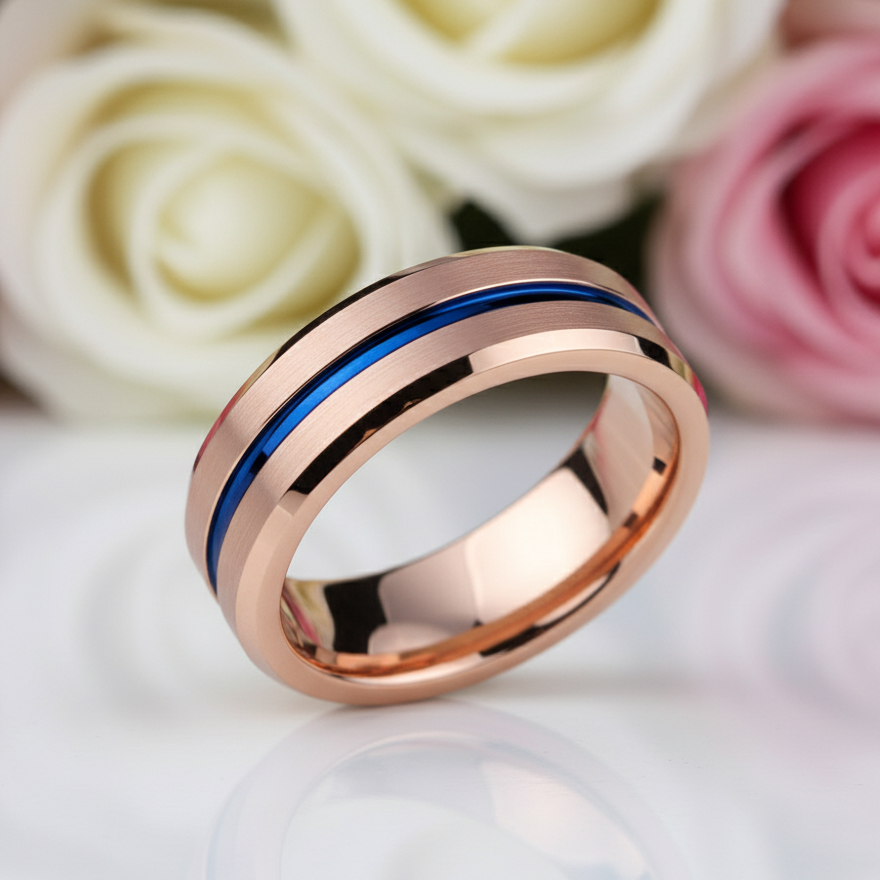 Men's Tungsten Carbide Wedding Band 8mm Rose Gold with Blue Line-Black Diamonds New York