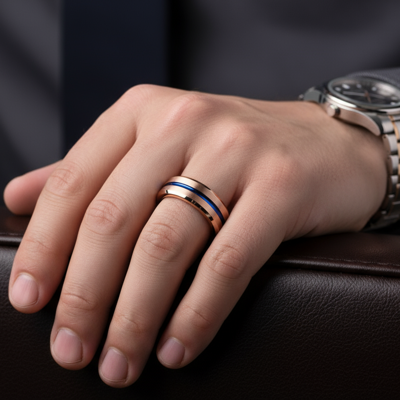 Men's Tungsten Carbide Wedding Band 8mm Rose Gold with Blue Line-Black Diamonds New York