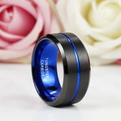 Men's Tungsten Carbide Wedding Band with Blue Line-Black Diamonds New York