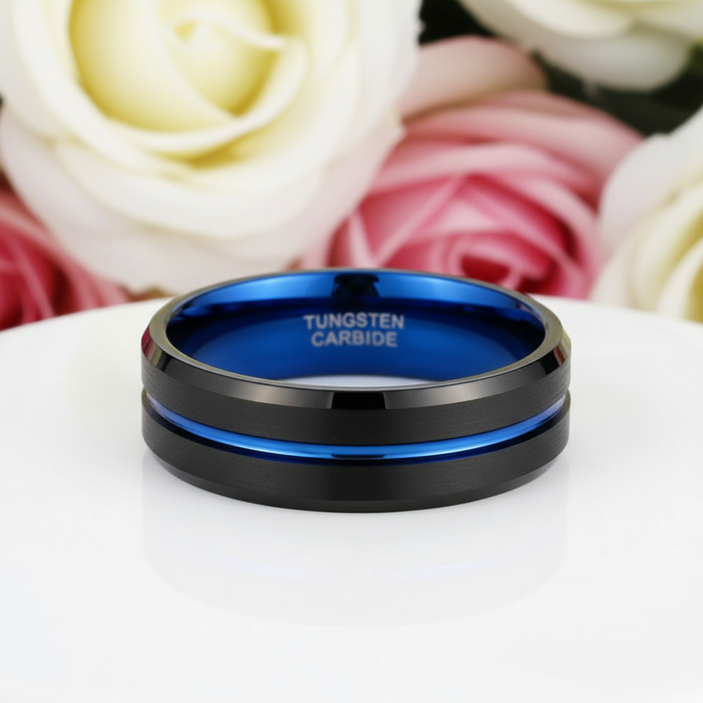Men's Tungsten Carbide Wedding Band with Blue Line-Black Diamonds New York