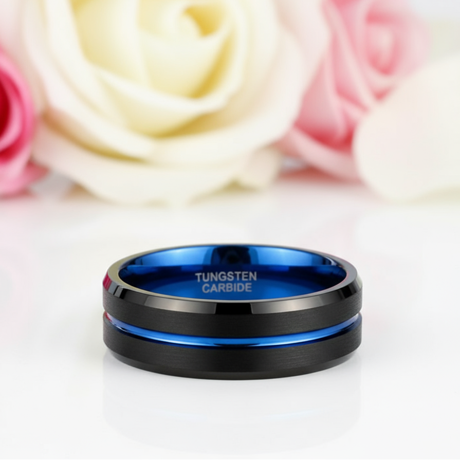 Men's Tungsten Carbide Wedding Band with Blue Line-Black Diamonds New York
