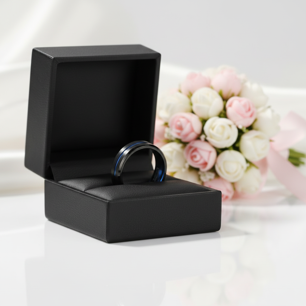 Men's Tungsten Carbide Wedding Band with Blue Line-Black Diamonds New York
