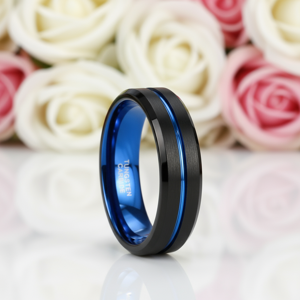 Men's Tungsten Carbide Wedding Band with Blue Line-Black Diamonds New York