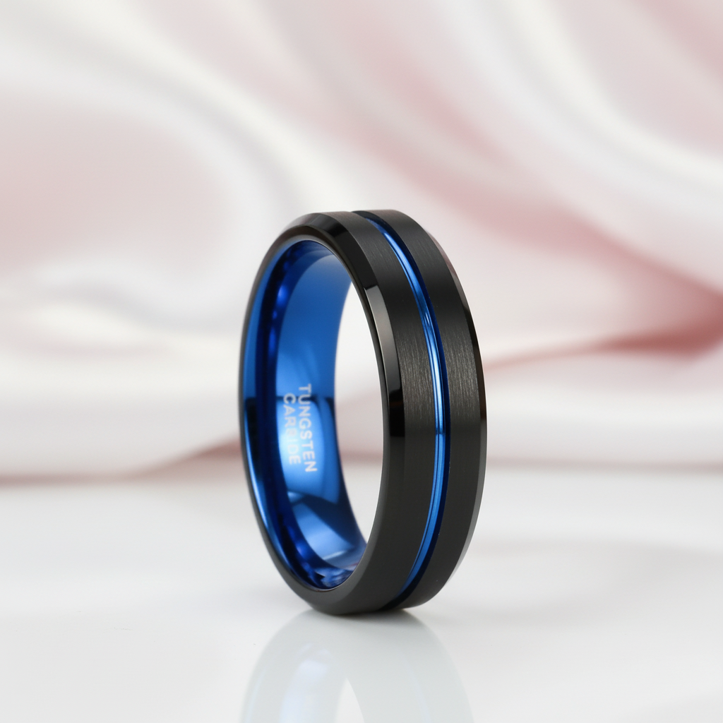 Men's Tungsten Carbide Wedding Band with Blue Line-Black Diamonds New York