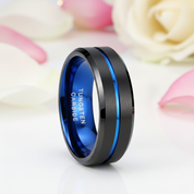 Men's Tungsten Carbide Wedding Band with Blue Line-Black Diamonds New York