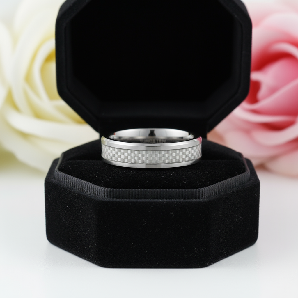 Men's Tungsten Carbide Wedding Band with Carbon Fiber Inlay-Black Diamonds New York