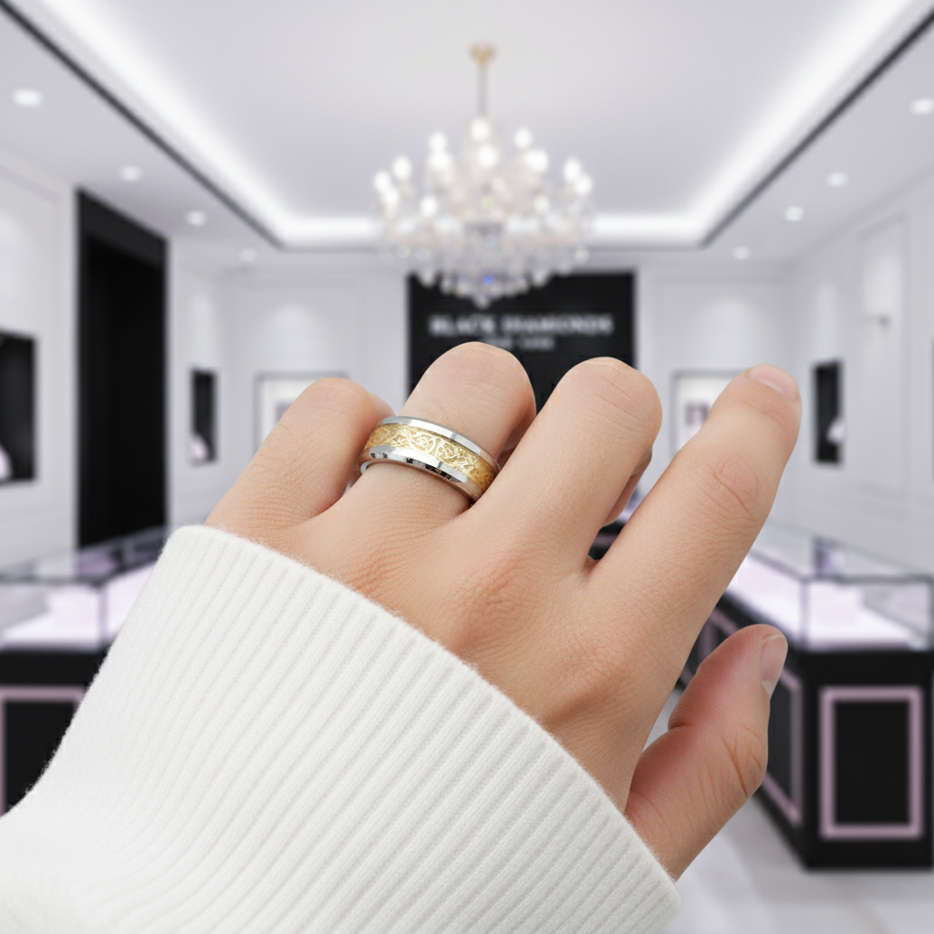 Men's Tungsten Carbide Wedding Band with Dragon Inlay-Black Diamonds New York