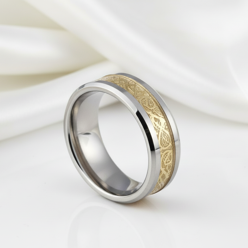 Men's Tungsten Carbide Wedding Band with Dragon Inlay-Black Diamonds New York
