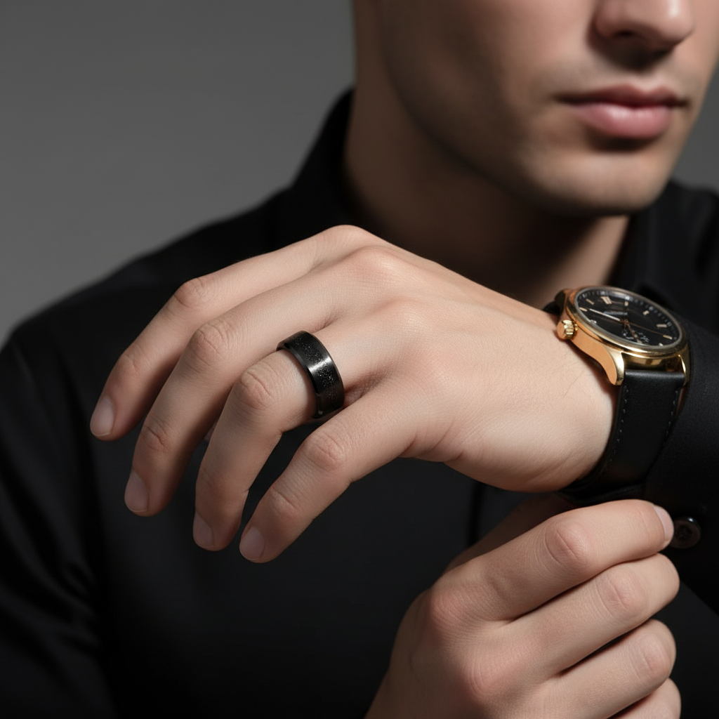 Men's Tungsten Carbide Wedding Band with Sandstone Inlay – Black