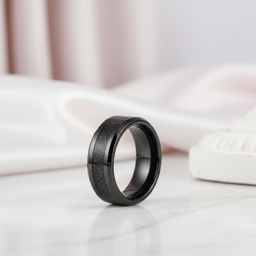 Men's Tungsten Carbide Wedding Band with Sandstone Inlay-Black Diamonds New York