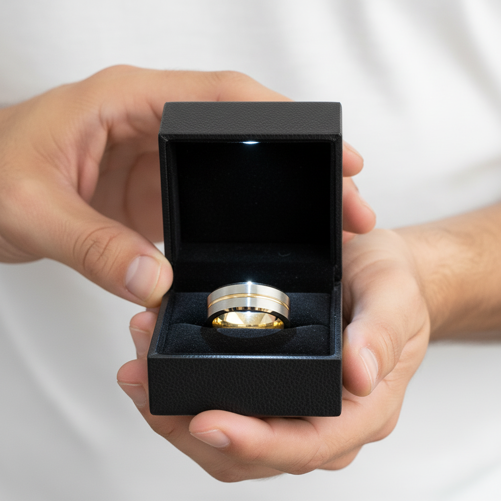 Men's Tungsten Carbide Yellow Line Wedding Band-Black Diamonds New York