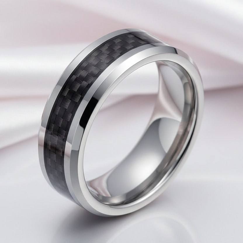 Men's Tungsten Wedding Band with Black Carbon Fiber-Black Diamonds New York