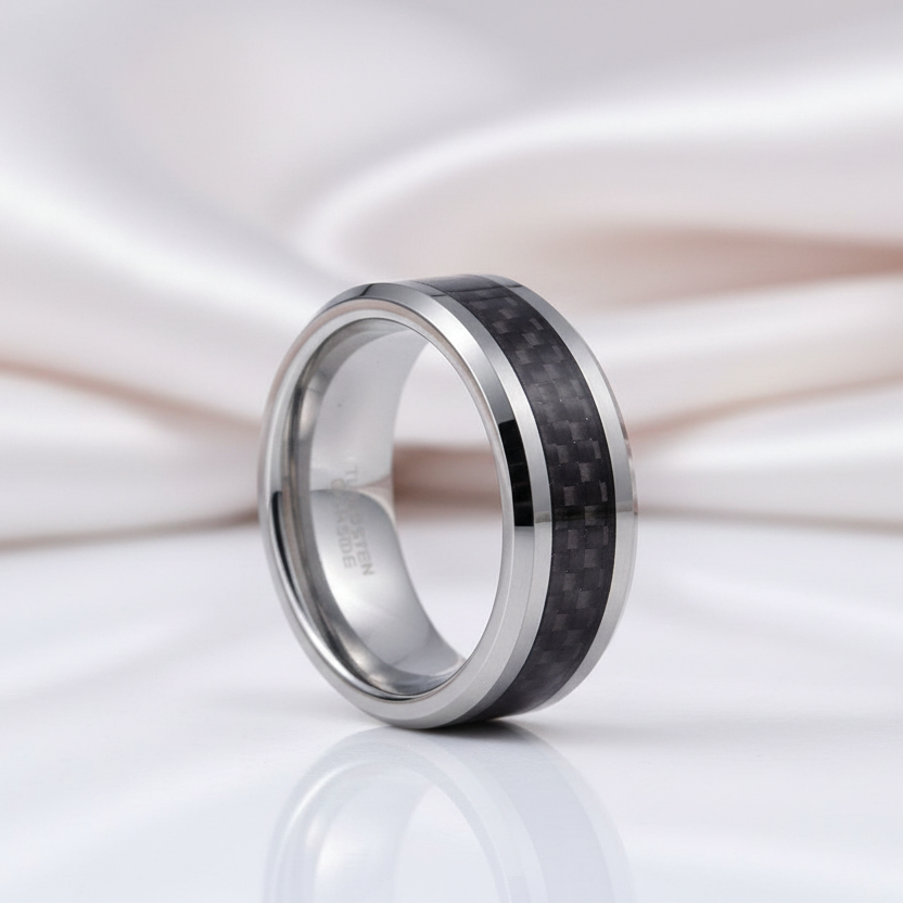 Men's Tungsten Wedding Band with Black Carbon Fiber-Black Diamonds New York