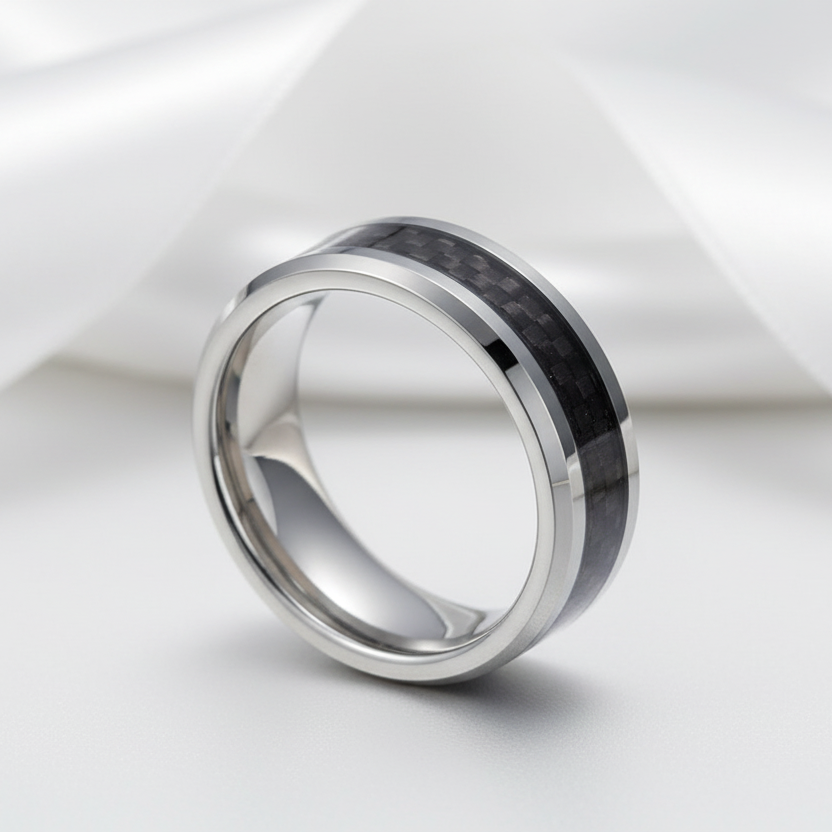 Men's Tungsten Wedding Band with Black Carbon Fiber-Black Diamonds New York