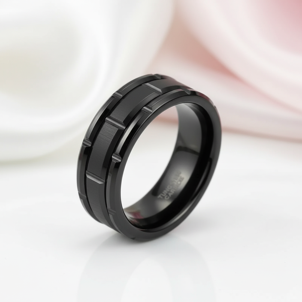 Men's Tungsten Wedding Band with Brick Pattern-Black Diamonds New York