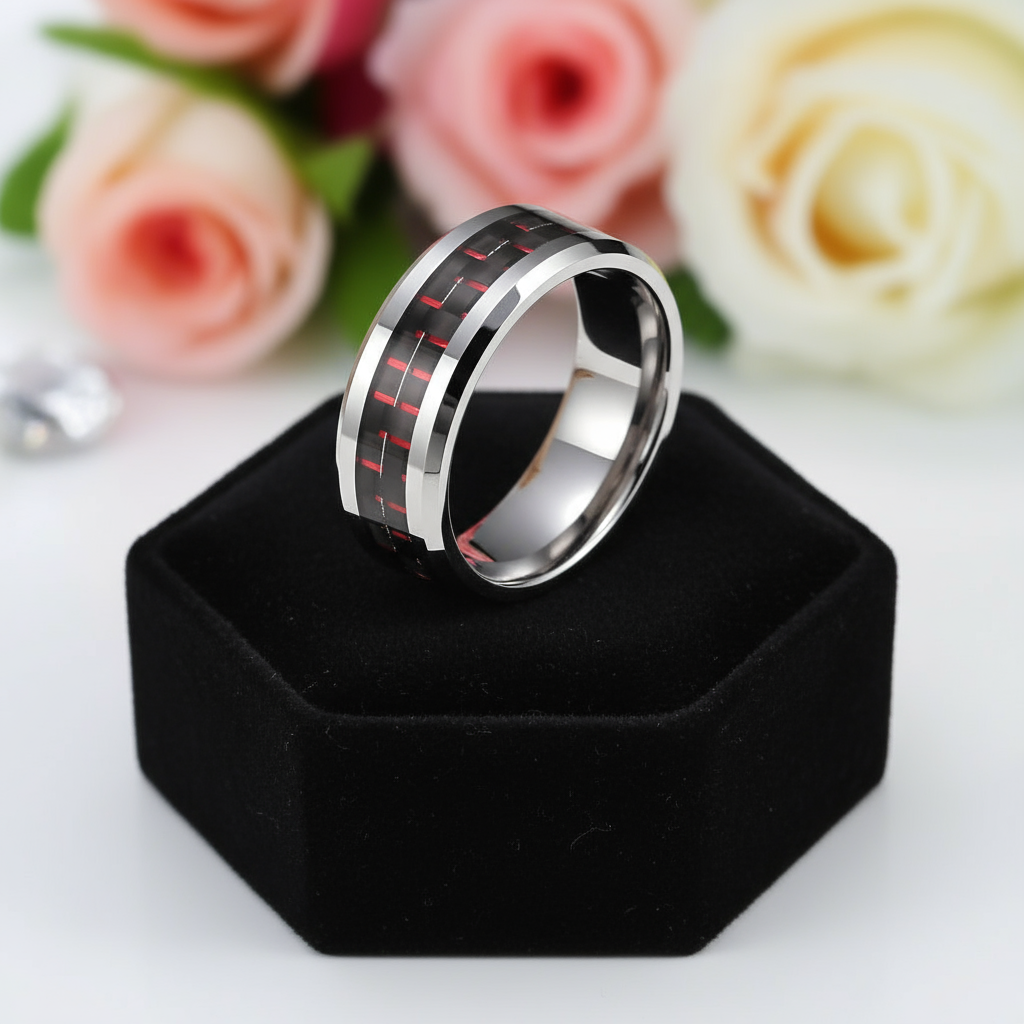 Men's Tungsten Wedding Band with Carbon Fiber-Black Diamonds New York