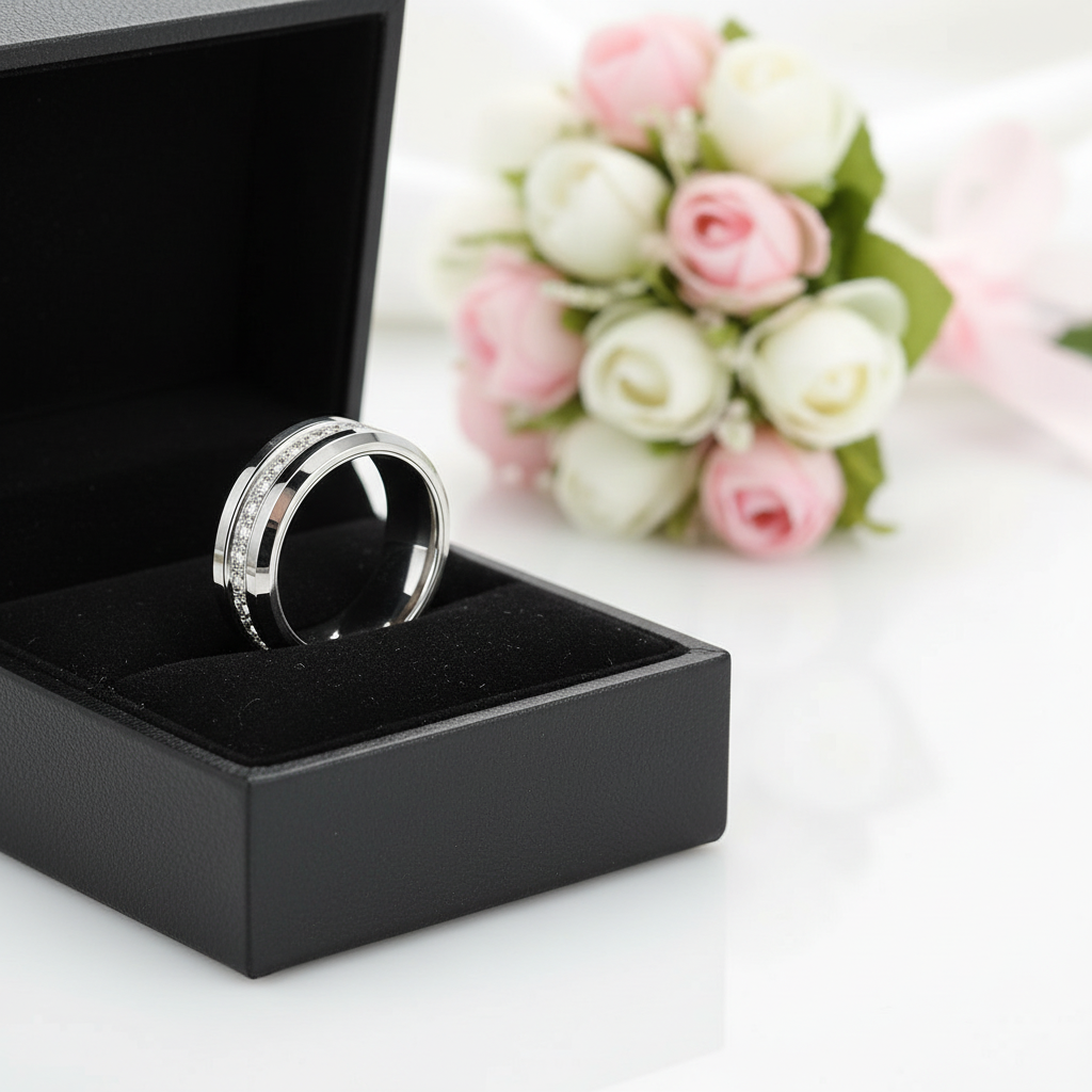 Men's Tungsten Wedding Band with Eternity Diamond Inlay-Black Diamonds New York