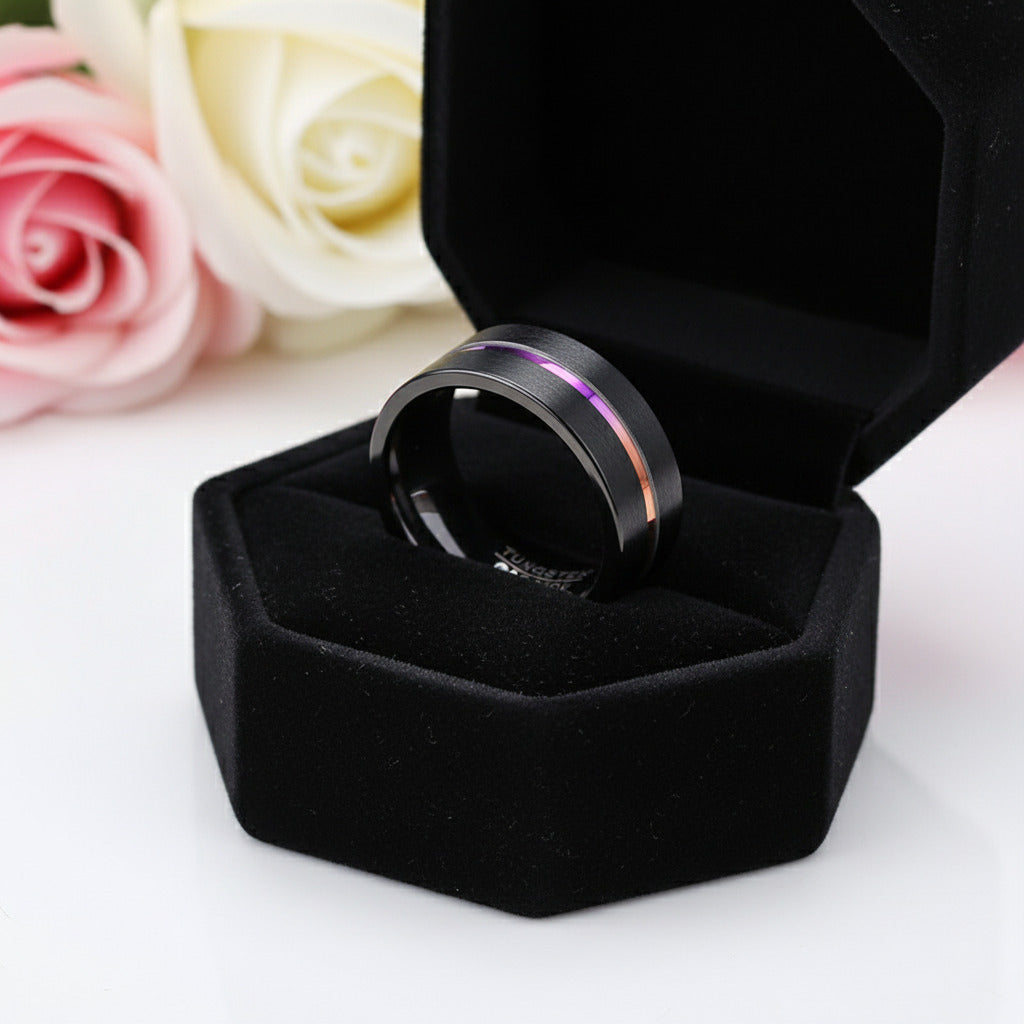 Men's Tungsten Wedding Band with Rainbow Line-Black Diamonds New York