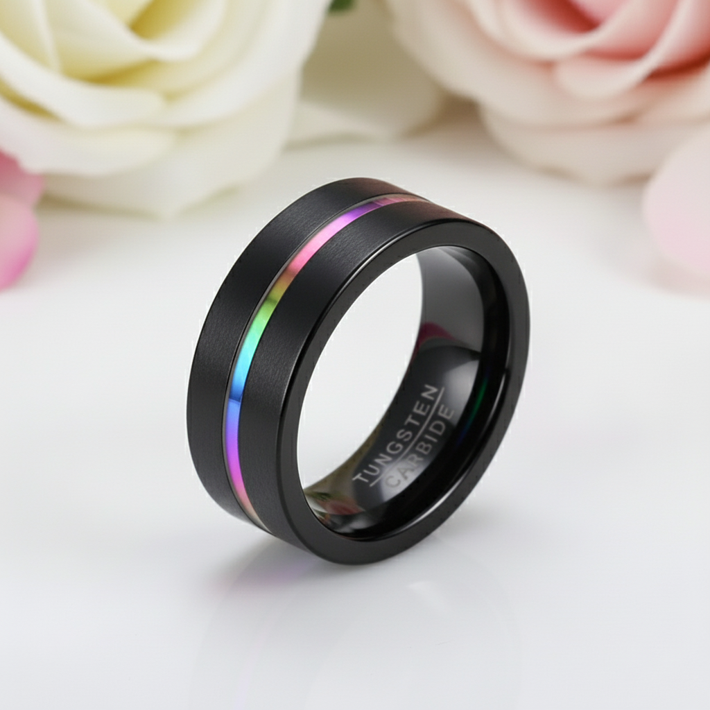 Men's Tungsten Wedding Band with Rainbow Line-Black Diamonds New York