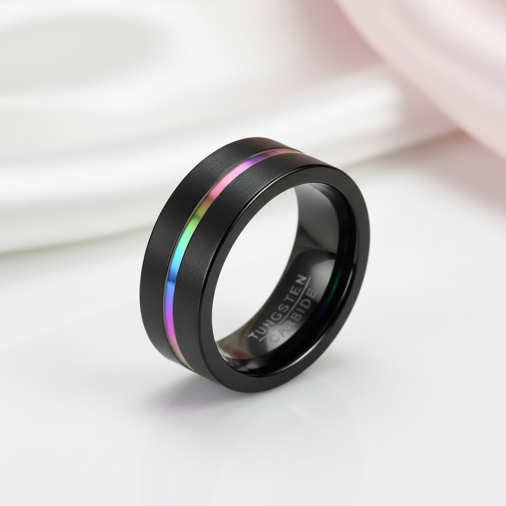 Men's Tungsten Wedding Band with Rainbow Line-Black Diamonds New York