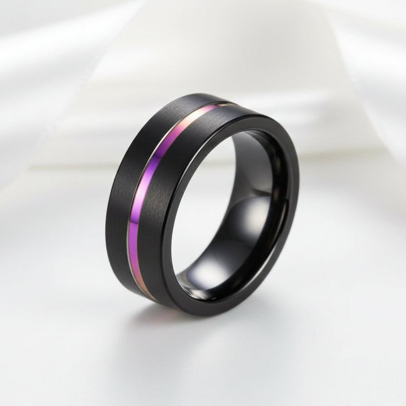 Men's Tungsten Wedding Band with Rainbow Line-Black Diamonds New York