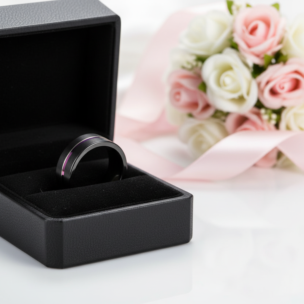 Men's Tungsten Wedding Band with Rainbow Line-Black Diamonds New York