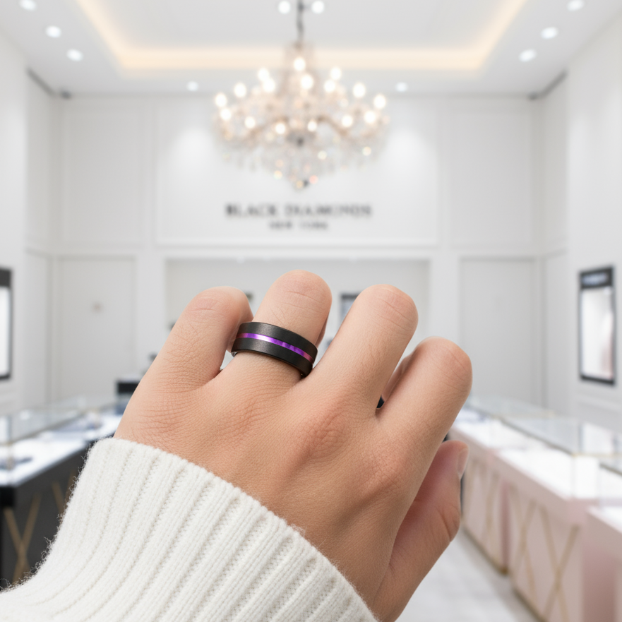 Men's Tungsten Wedding Band with Rainbow Line-Black Diamonds New York