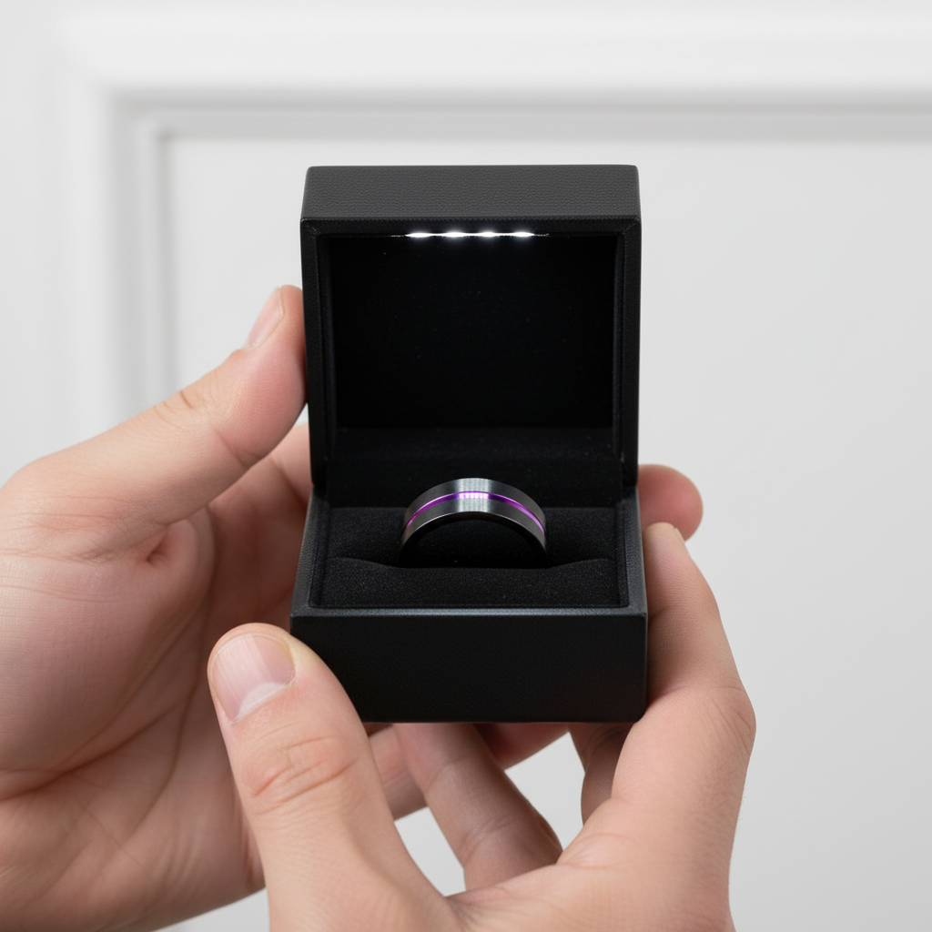 Men's Tungsten Wedding Band with Rainbow Line-Black Diamonds New York
