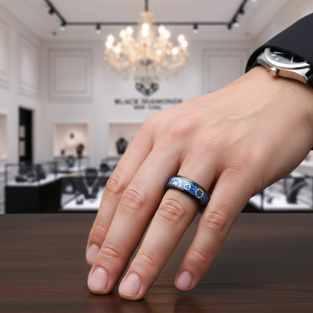 Men's Tungsten Wedding Band with Steampunk Inlay-Black Diamonds New York