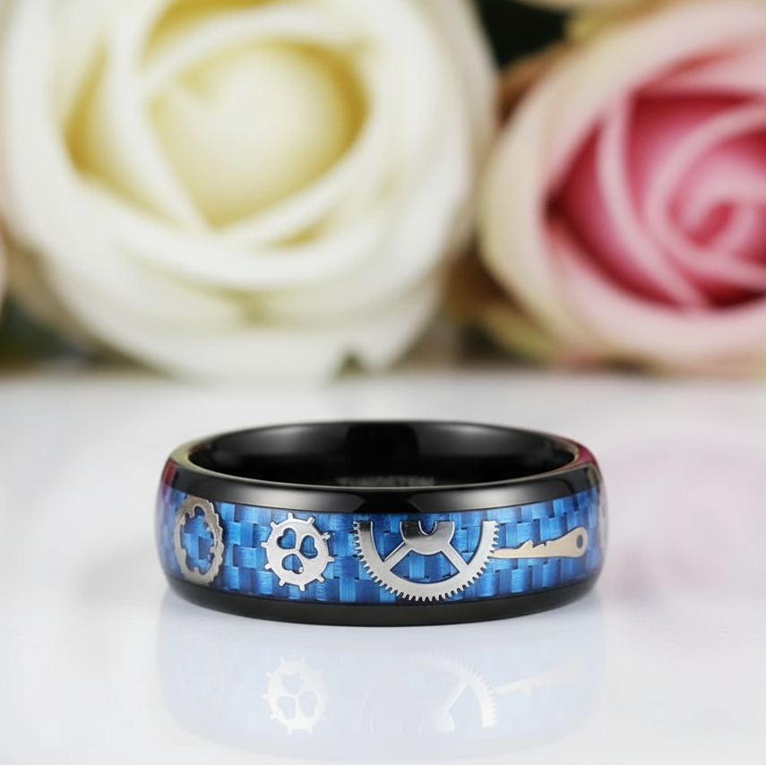Men's Tungsten Wedding Band with Steampunk Inlay-Black Diamonds New York
