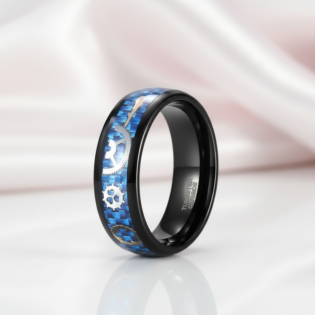 Men's Tungsten Wedding Band with Steampunk Inlay-Black Diamonds New York