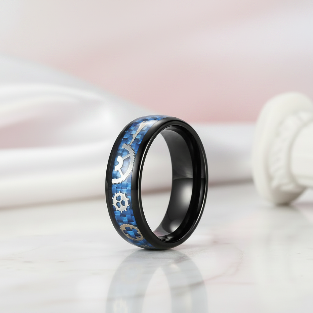 Men's Tungsten Wedding Band with Steampunk Inlay-Black Diamonds New York