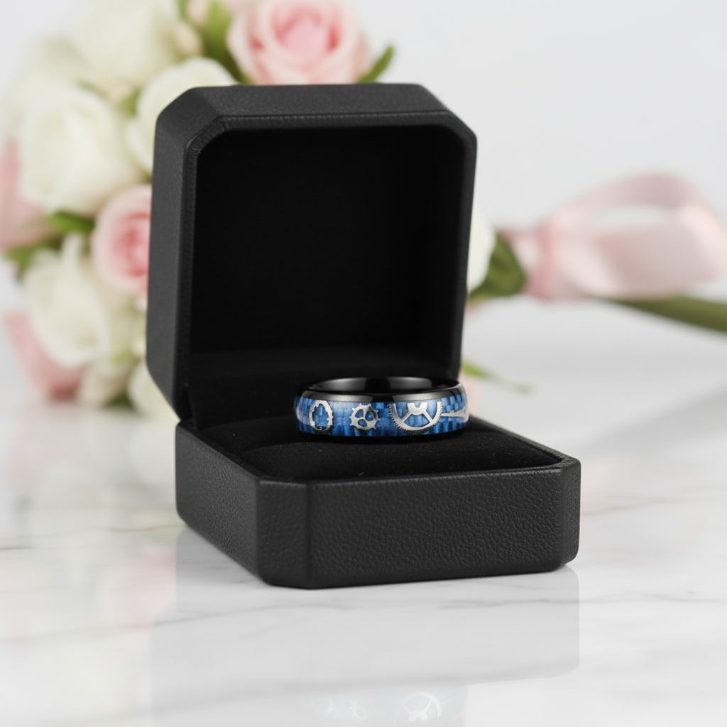 Men's Tungsten Wedding Band with Steampunk Inlay-Black Diamonds New York