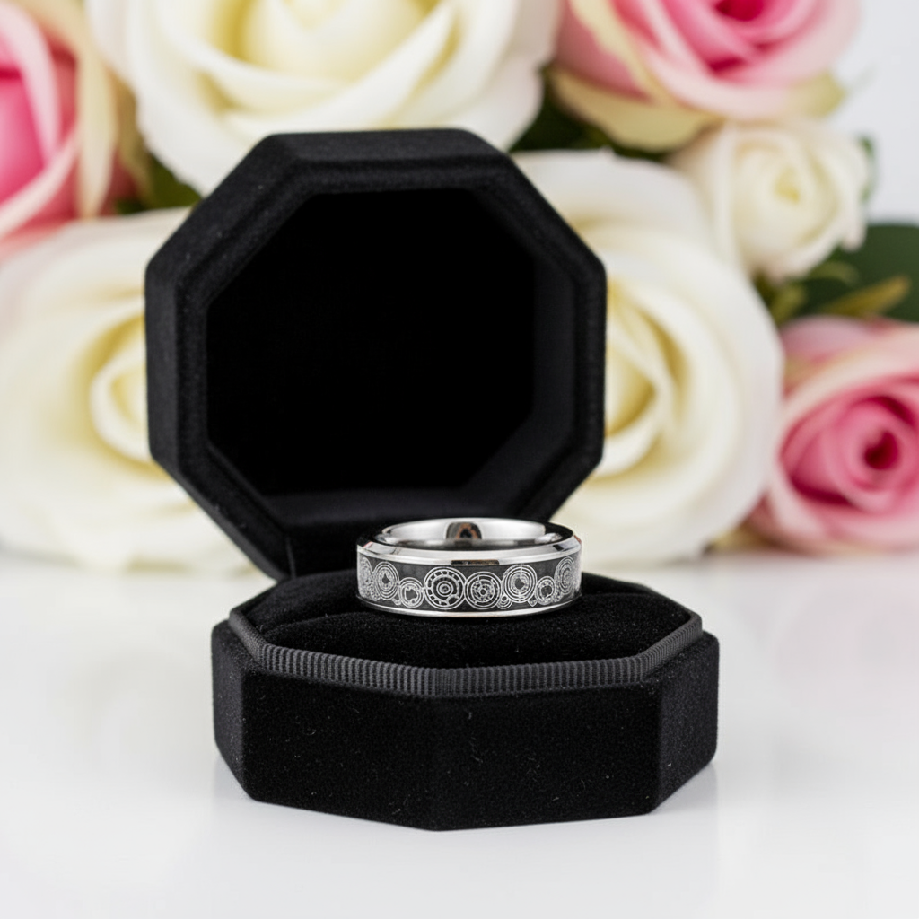 Men's Tungsten Wedding Band with Steampunk Wheel Inlay-Black Diamonds New York