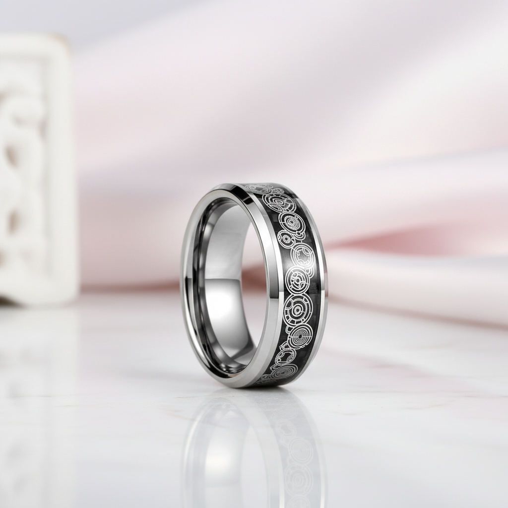 Men's Tungsten Wedding Band with Steampunk Wheel Inlay-Black Diamonds New York