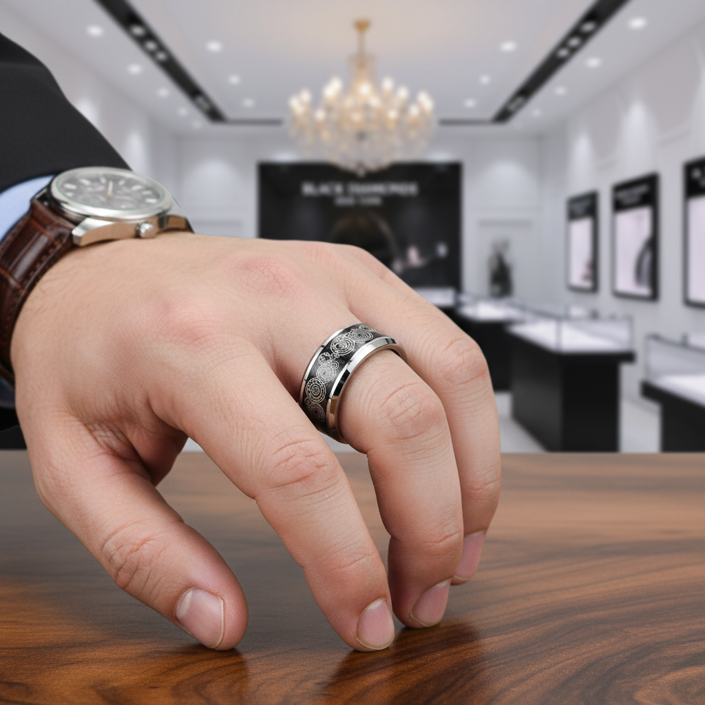 Men's Tungsten Wedding Band with Steampunk Wheel Inlay-Black Diamonds New York