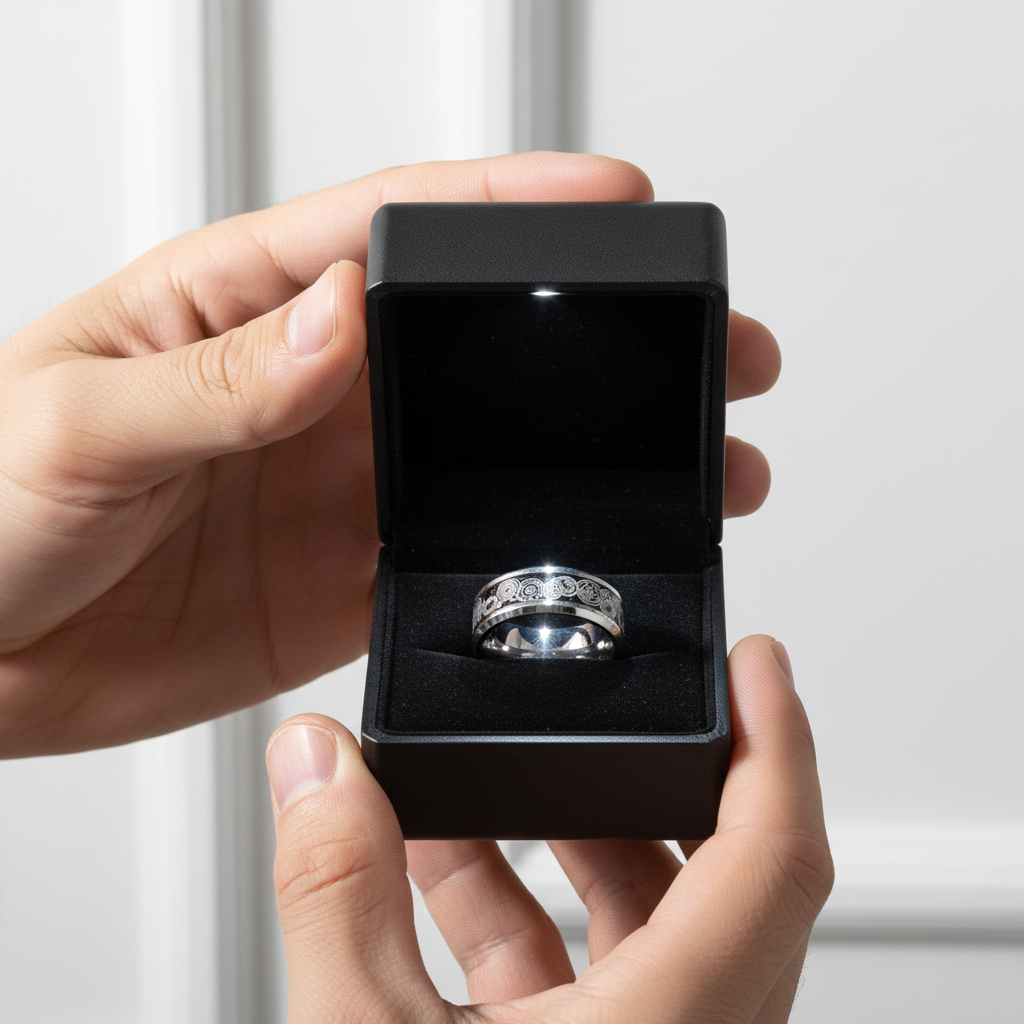 Men's Tungsten Wedding Band with Steampunk Wheel Inlay-Black Diamonds New York