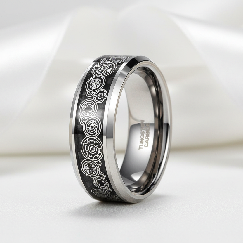 Men's Tungsten Wedding Band with Steampunk Wheel Inlay-Black Diamonds New York