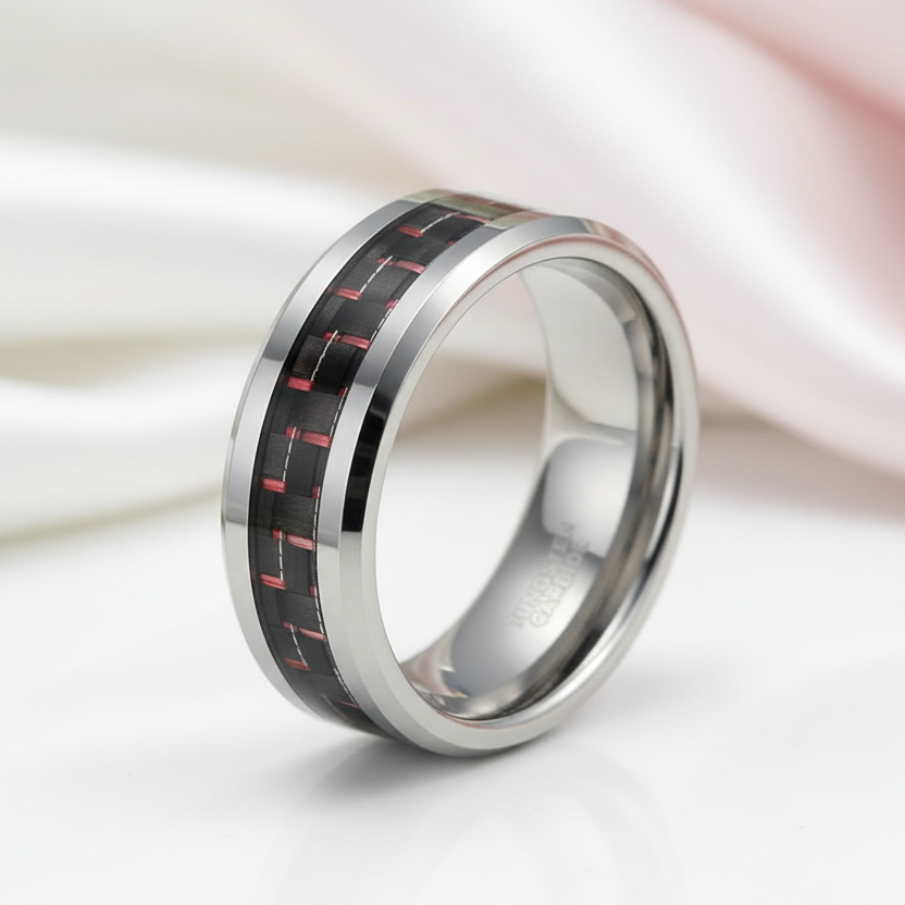 Men's Tungsten Wedding Band with Woven Pattern Inlay-Black Diamonds New York