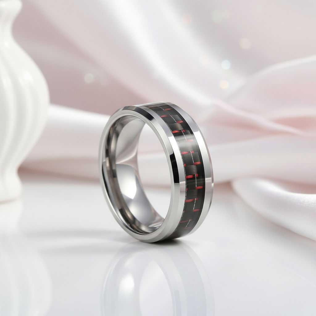 Men's Tungsten Wedding Band with Woven Pattern Inlay-Black Diamonds New York