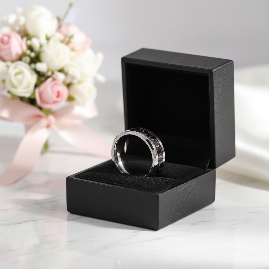 Men's Tungsten Wedding Band with Woven Pattern Inlay-Black Diamonds New York